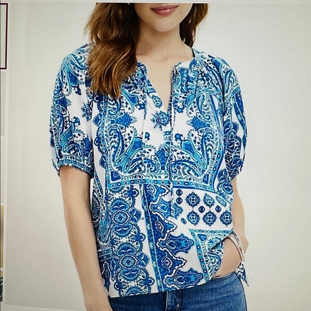 NWOT LOFT Bandana Print Tie Neck Puff Sleeve Top